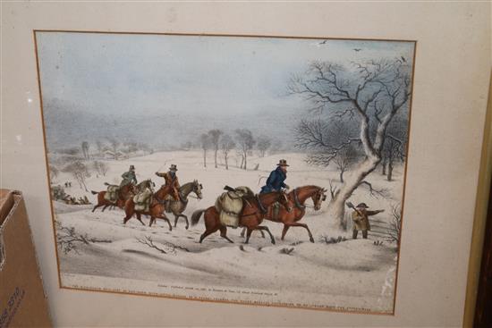 After James Pollard, a set of four coloured lithographs, travellers in the snow and a pair of later limited edition prints 27 x 35cm